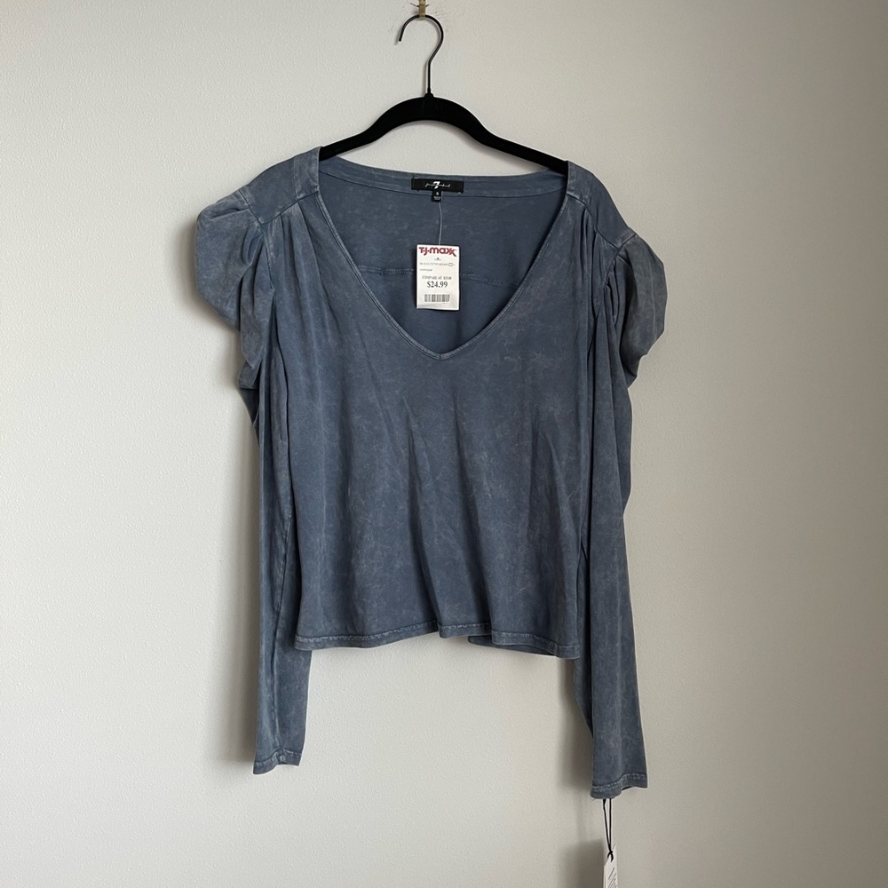 7 For All Mankind Blue Puff Shoulder Long Sleeve V-Neck Shirt Size Small